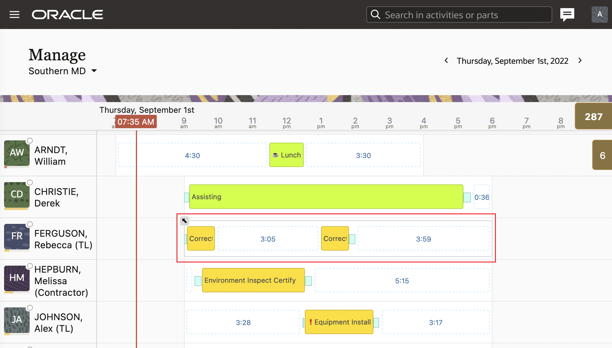 This screenshot shows the Manage page where a resource is assigned to another work zone: