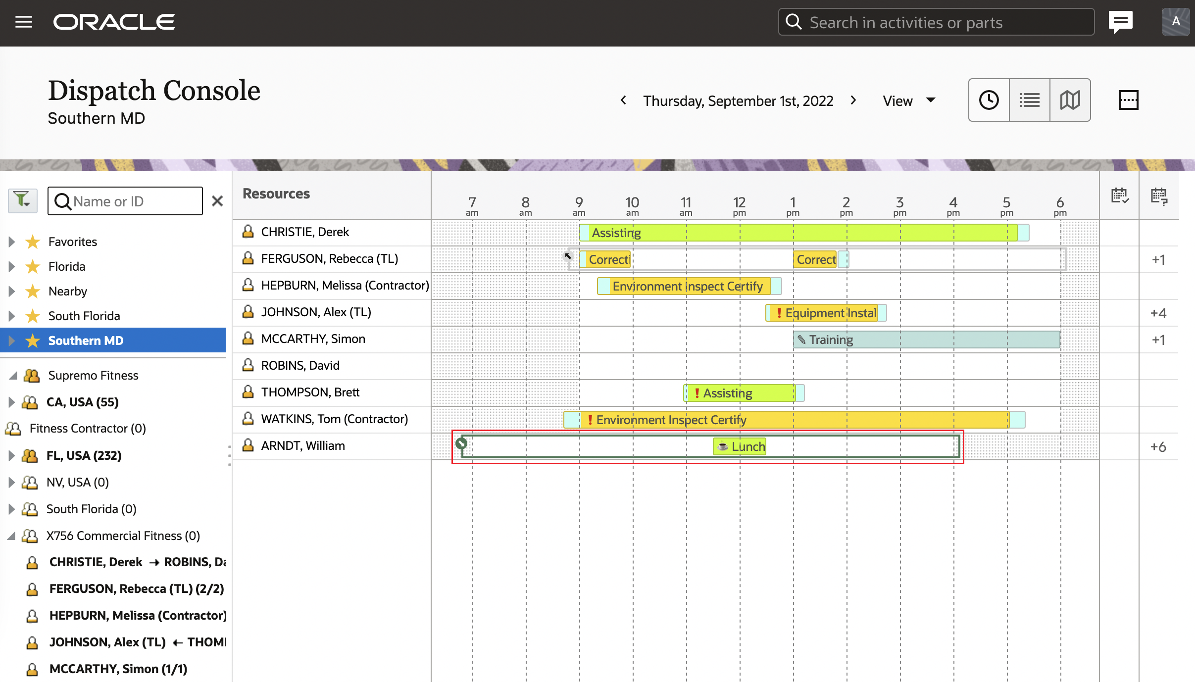 This screenshot shows the Dispatch Console where a resource is assigned from another work zone to your work zone: