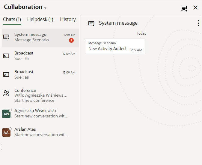 This screenshot shows the Collaboration window with users with offline status and System message, Broadcast, and Conference with their icons.