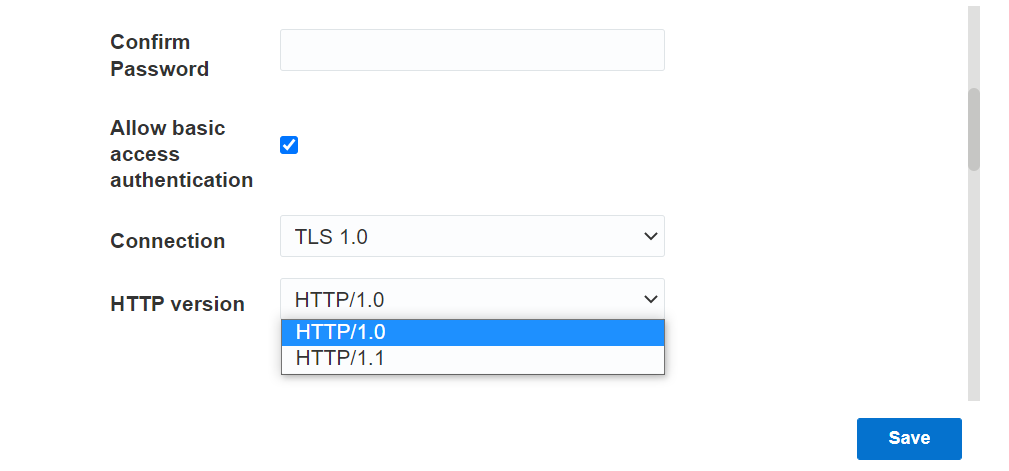 This screenshot shows the HTTP version field on the Outbound interface.