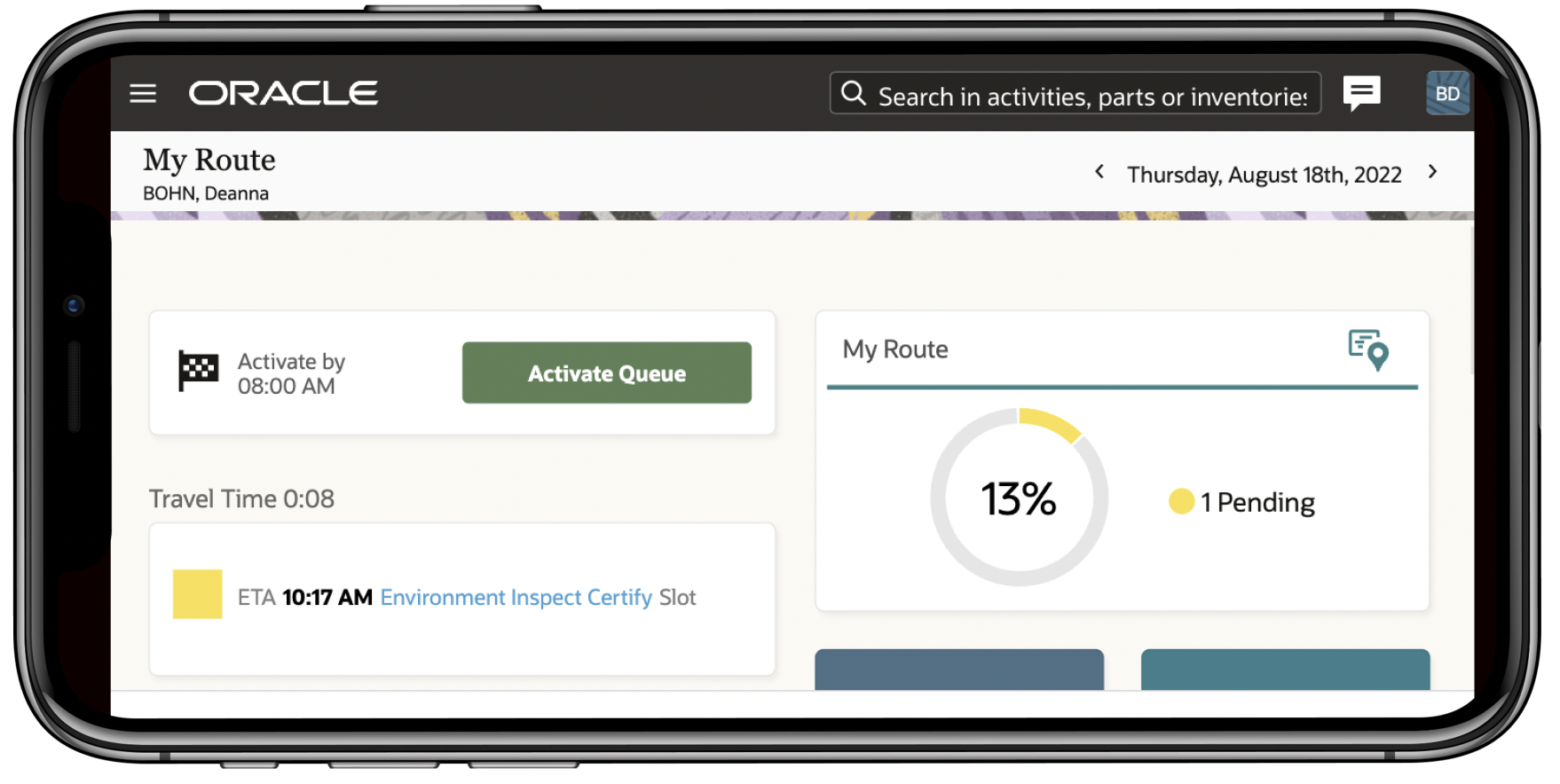 This screenshot shows the adjusted header height on the My Route page in landscape mode.