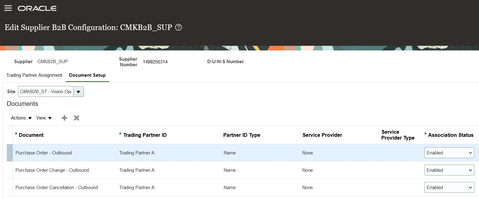 Screen capture that shows details of the documents you want to exchange with suppliers.