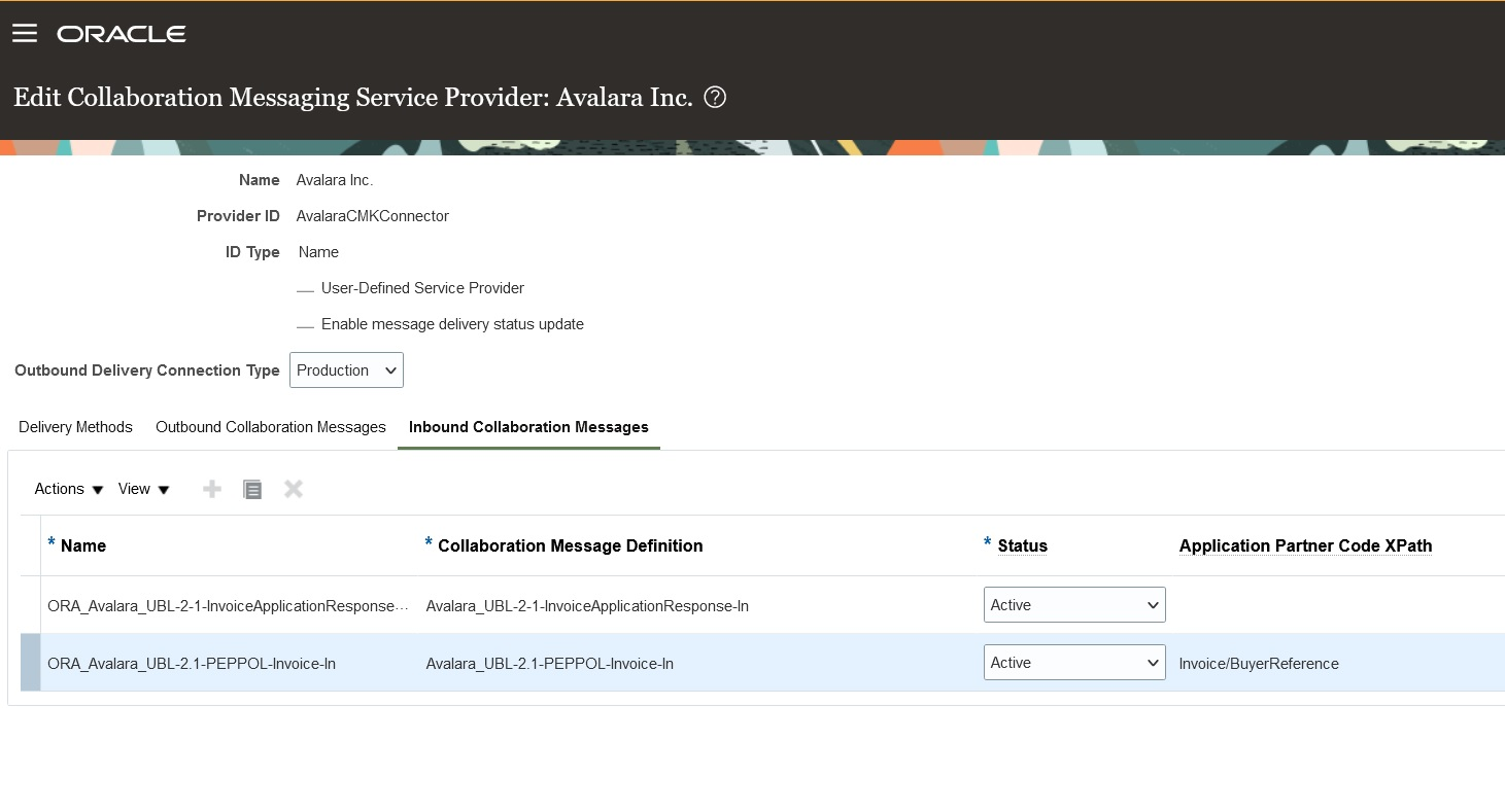 Screen capture that shows the details of inbound collaboration messages for the new service provider.