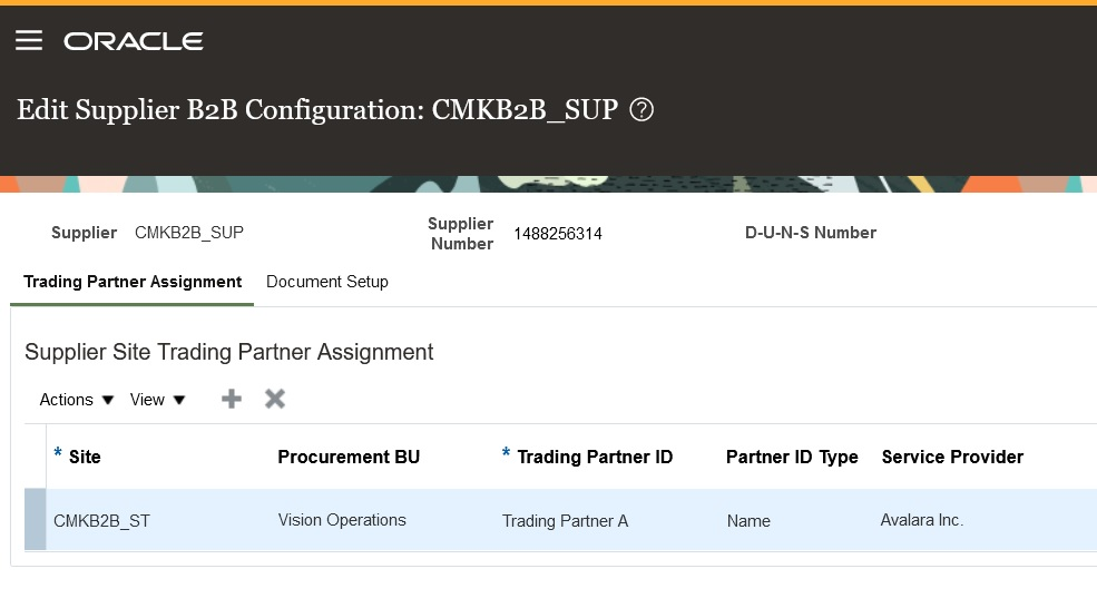 Screen capture that shows the assignment details of a trading partner created for a new service provider.