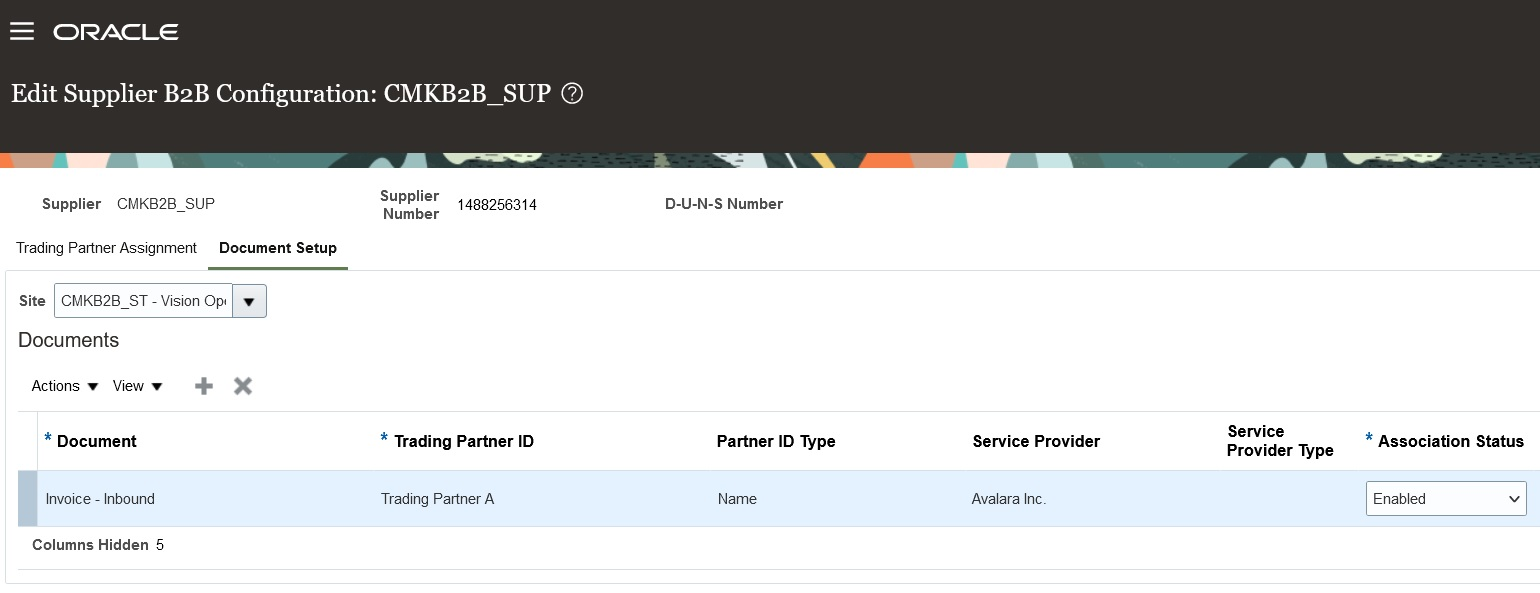 Screen capture that shows details of the documents set up for a trading partner.