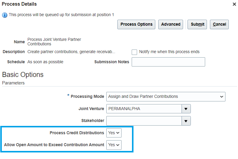 Parameters for the Process Joint Venture Partner Contributions process highlighting the two newly added parameters.