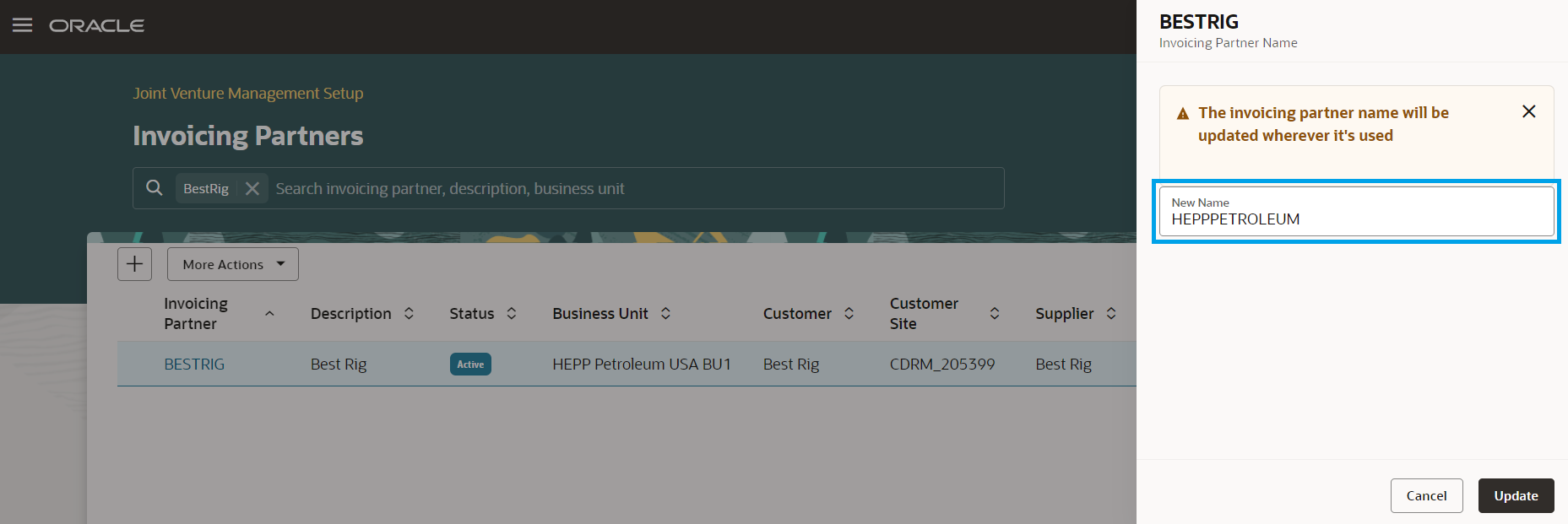 Invoicing Partners edit dialog that allows you to change the name of the invoicing partner.