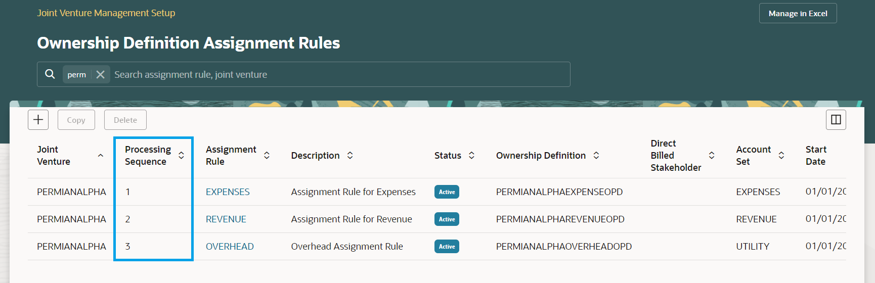 Ownership Definition Assignment Rules manage page showing the new attribute Processing Sequence.