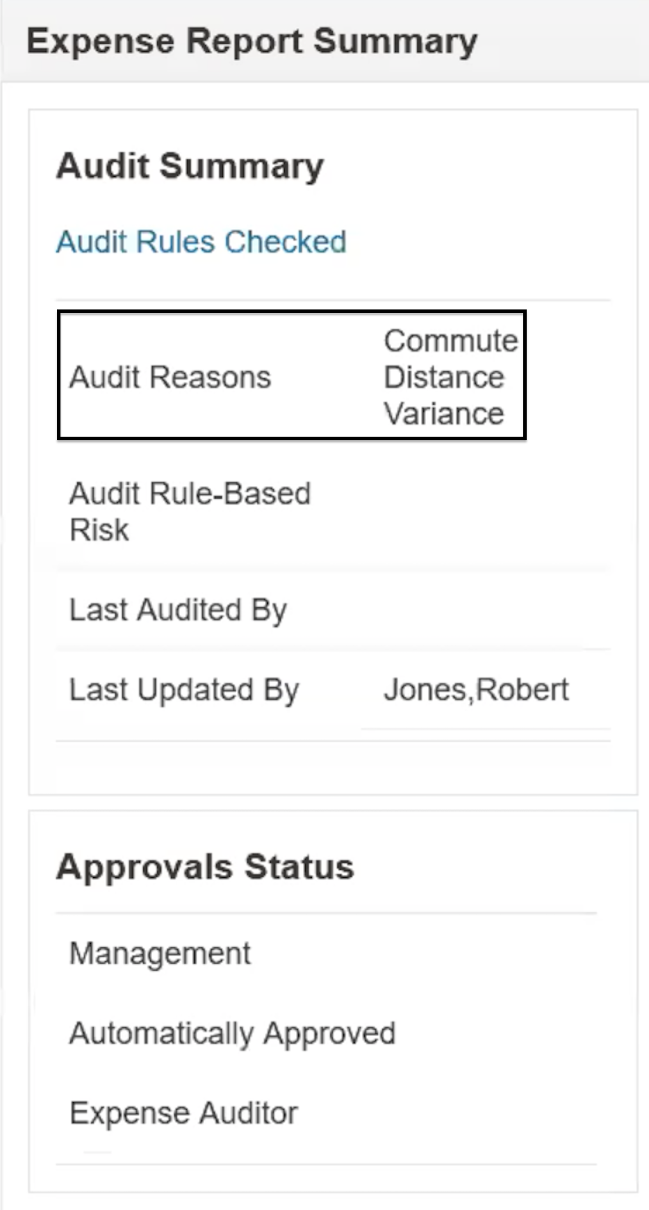 In the Expense Report Summary section, Auditors will se ‘Commute Distance Variance’ if an expense report violates the ‘Audit expense report with commute address variance’ audit rule is violated.