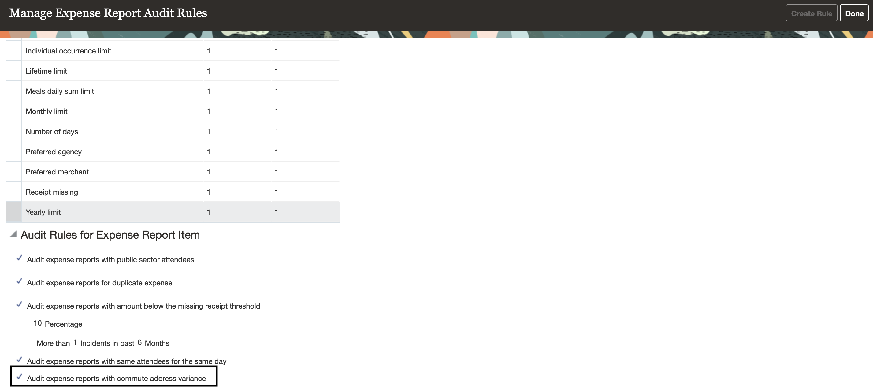 To use this feature enable the new audit selection rule “Audit expense report with commute address variance” in Setup and Maintenance.