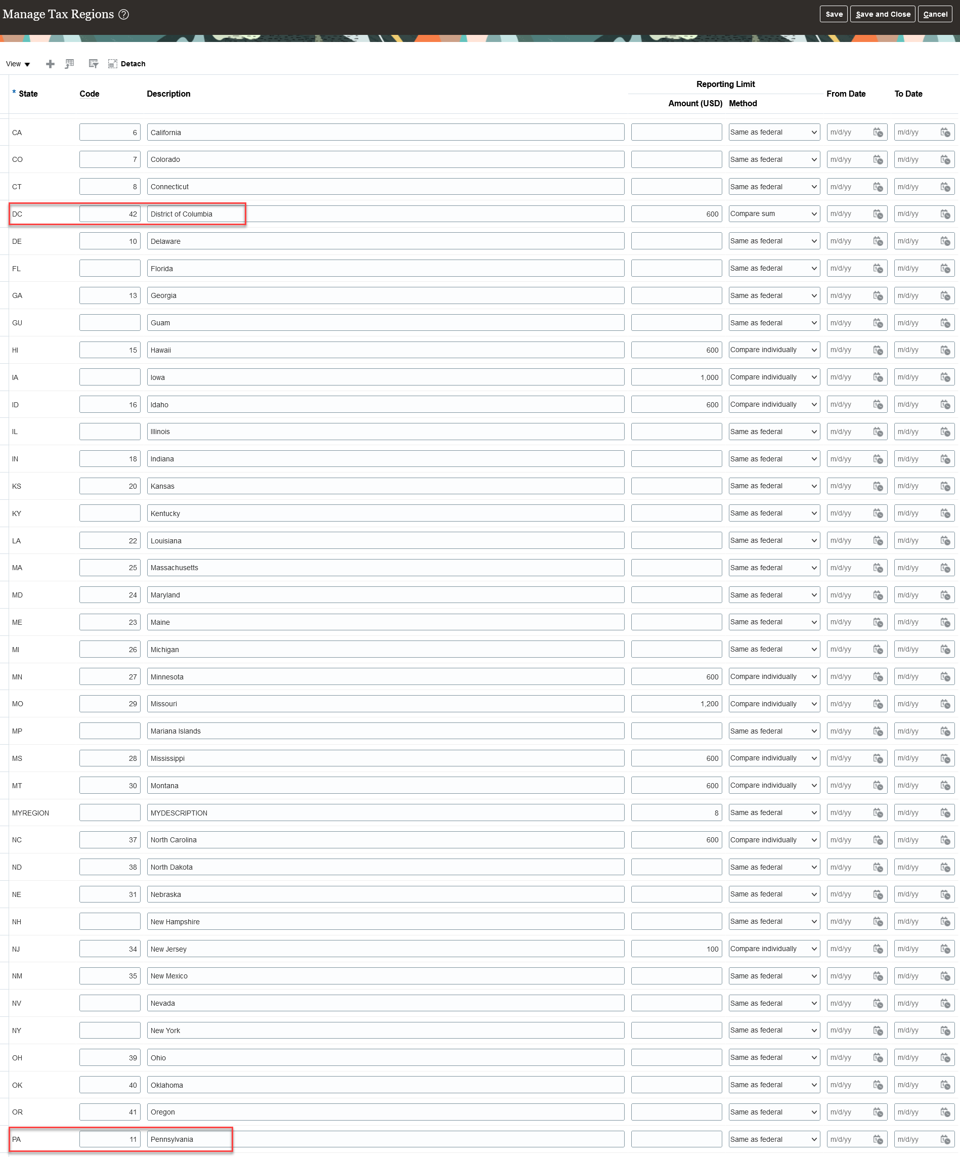 Manage Tax Regions Page