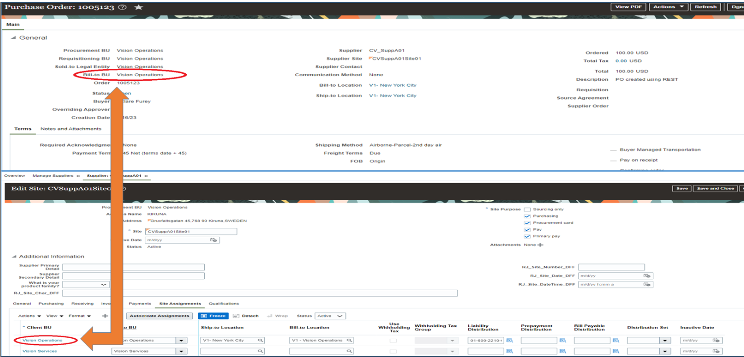 Supplier Site assignment against the Bill-To BU of the PO