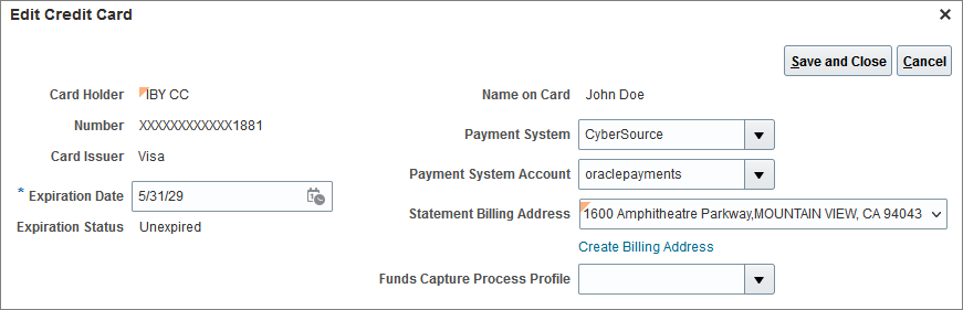 Edit Credit Card Page