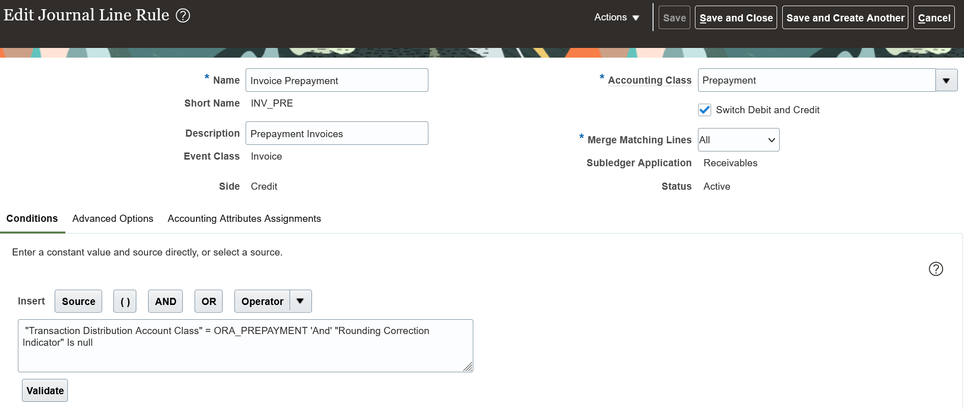 Prepayment Invoice Journal Line Rule