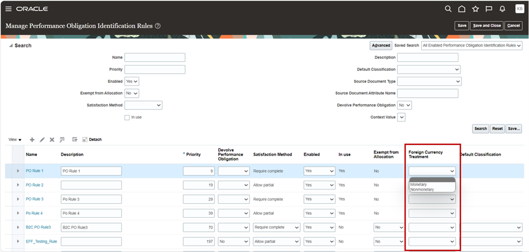 Manage Performance Obligation Rule - Results Region