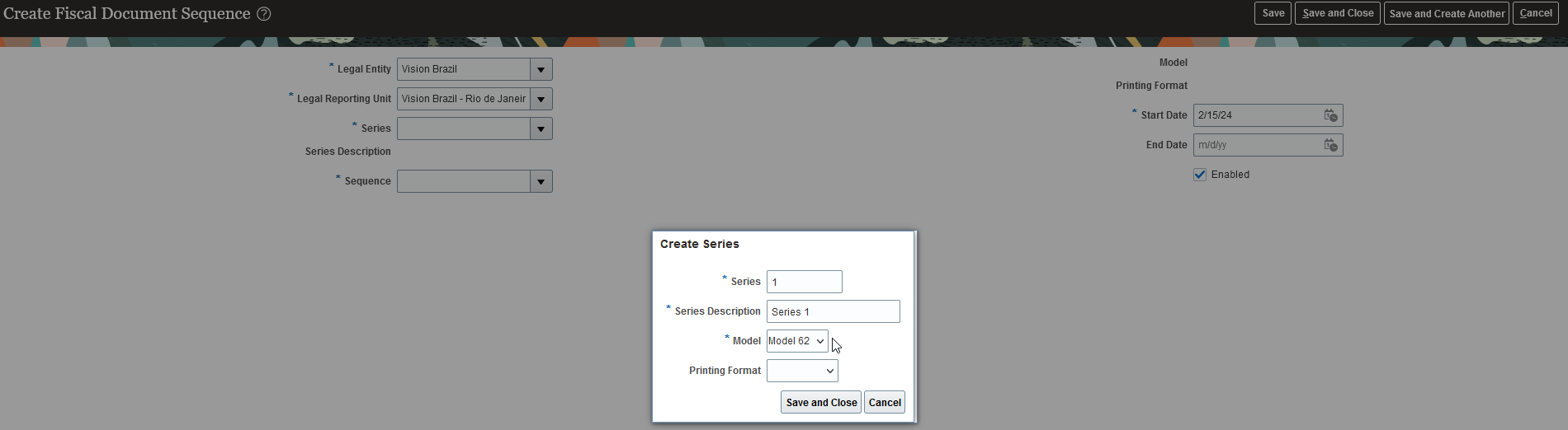 Create Fiscal Documet Sequence page