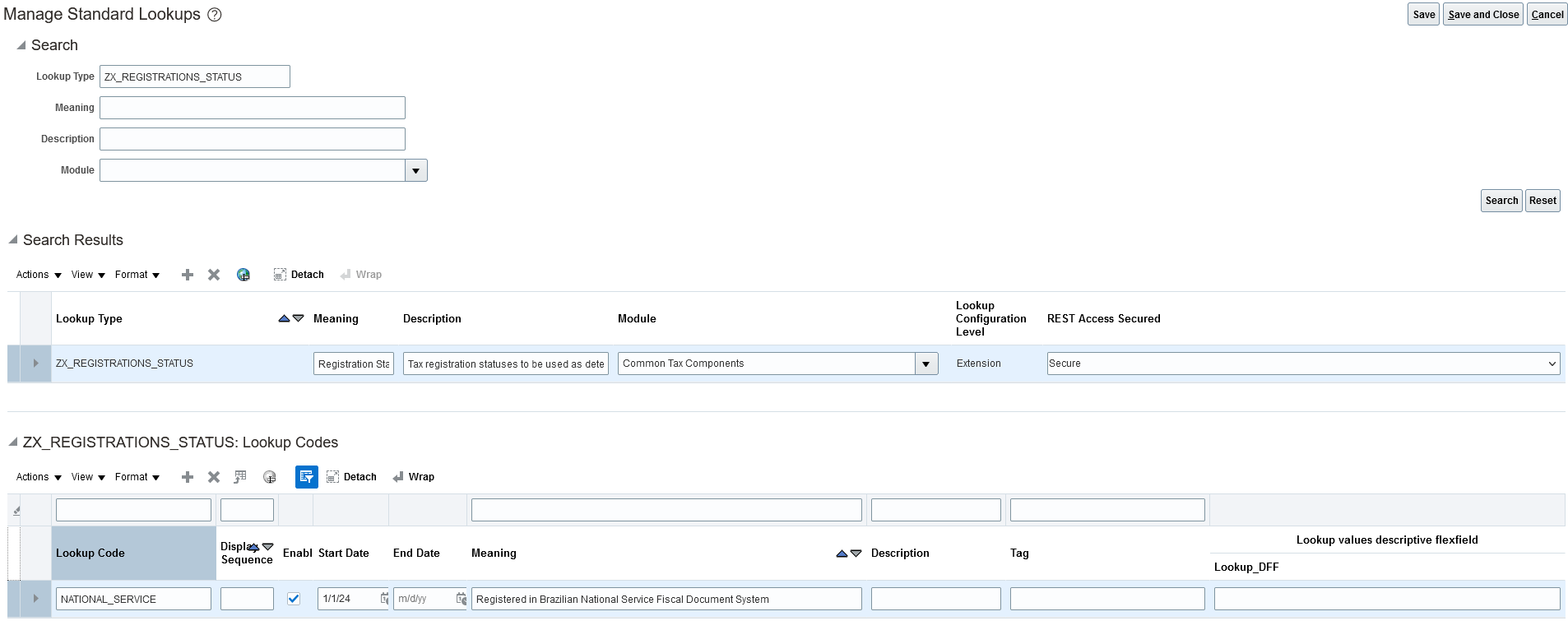Manage Standard Lookups page