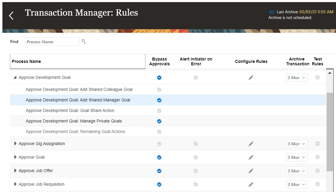 The image shows the expanded Approve Development Goal rule in the Approval Rules tab of Transaction Console
