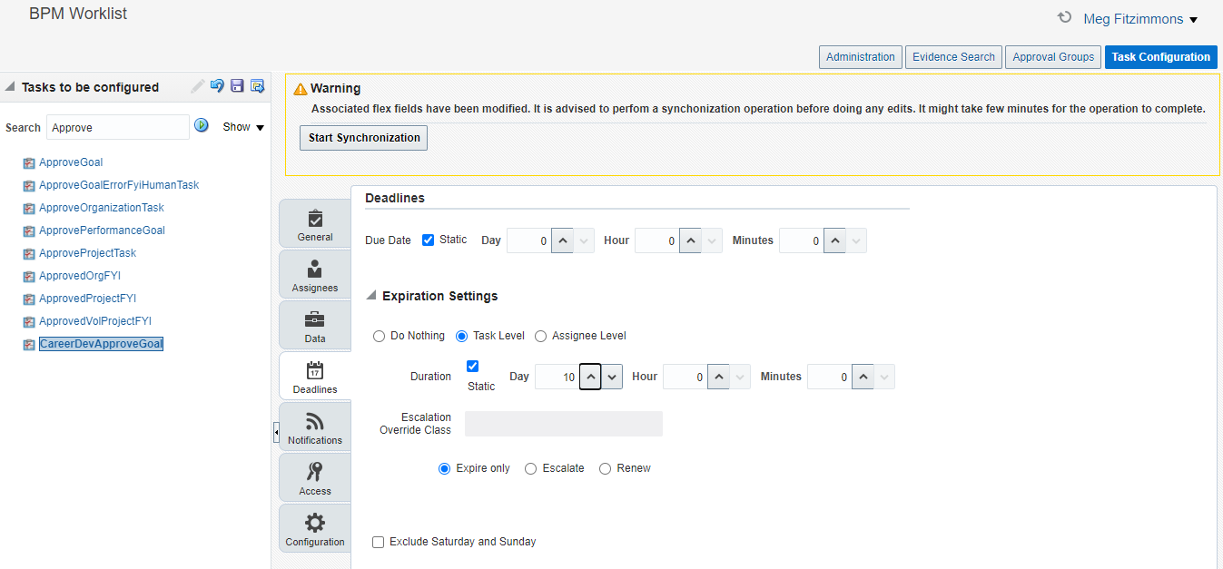 The image shows the Deadlines subtab of the CareerDevApproveGoal task.