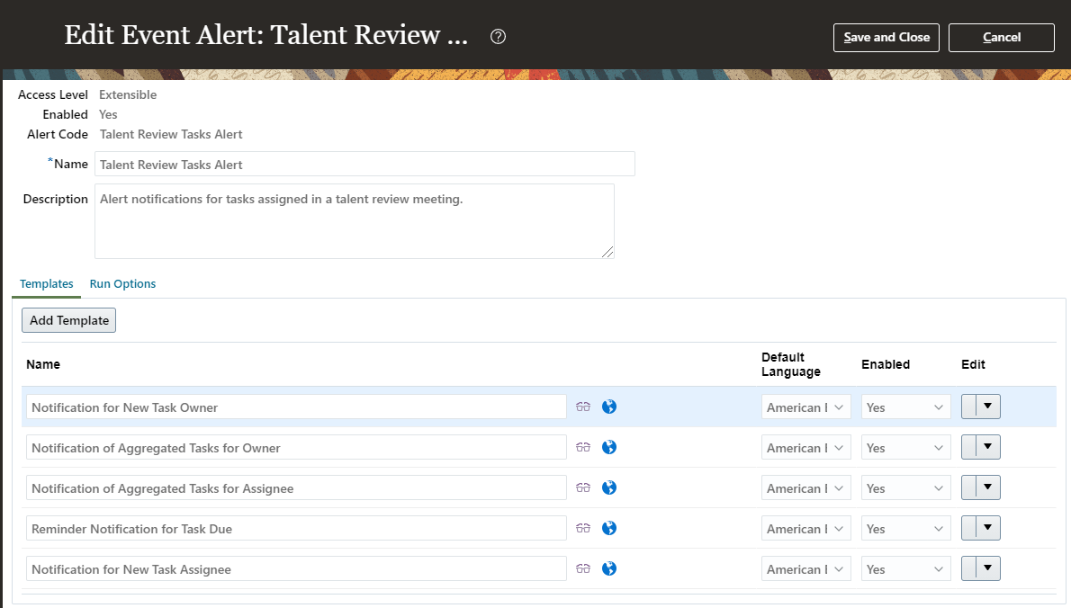 The image shows the Talent Review Tasks Alert Templates in Alert Composer