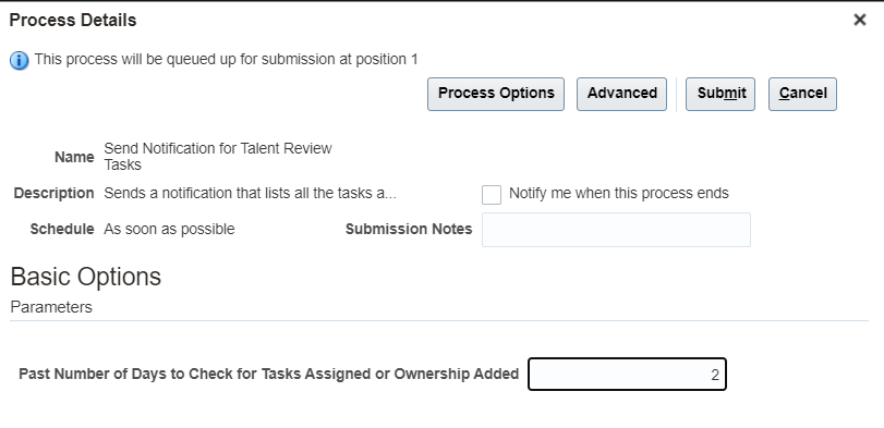 The image shows the Process Details dialog box of the of Send Notification for Talent Review Tasks process.
