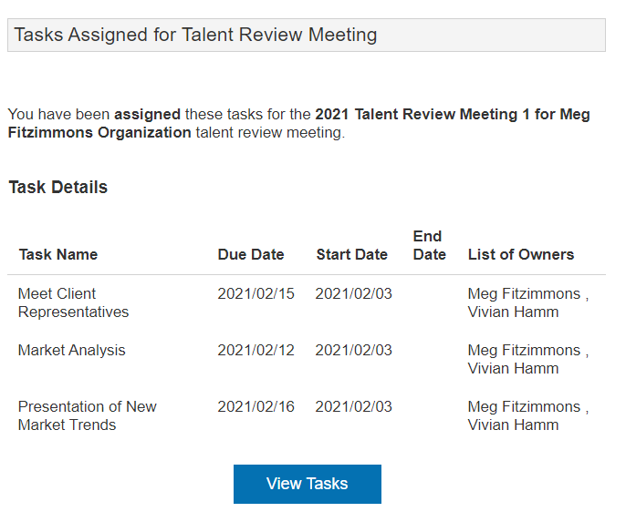 The image shows the aggregated notification received by a task assignee for for three tasks of a Talent Review meeting.