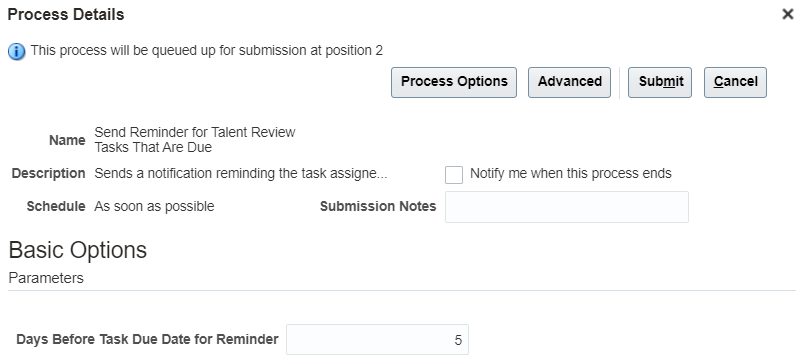 The image shows the Process Details dialog box of the Send Reminder for Talent Review Tasks That Are Due Process.
