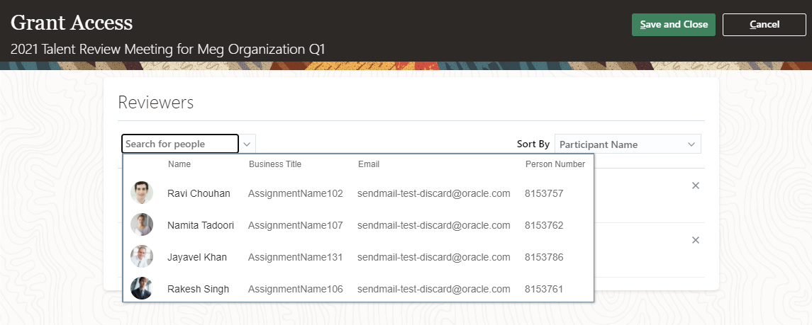 The image shows the Reviewers section of the Grant Access page. The managers to grant access are shown in the list.