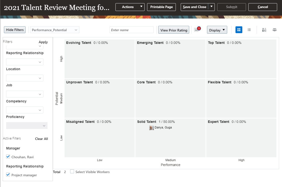 The image shows a Talent Review meeting dashboard after applying the Reporting Relationship filter.