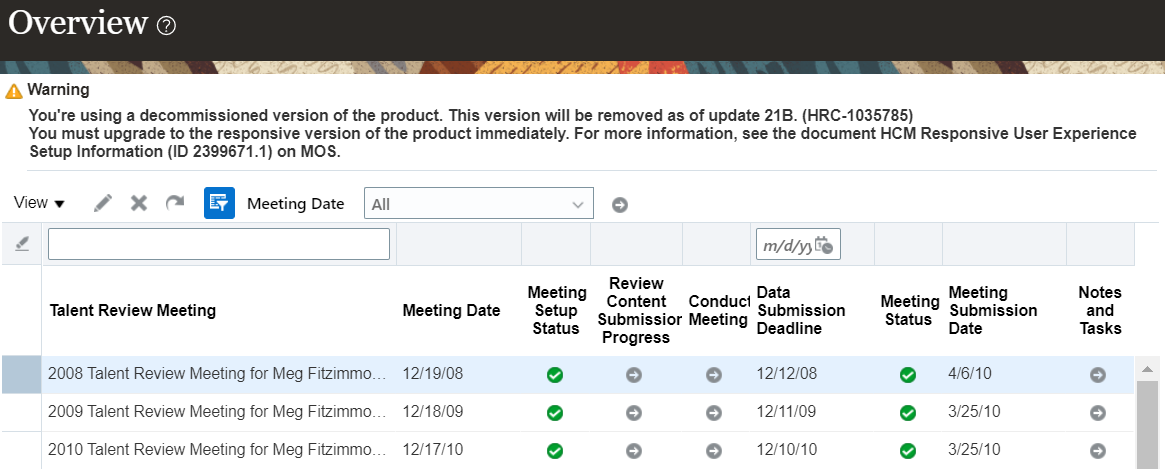 The image shows the Talent Review Overview page. The create icon isn't available.