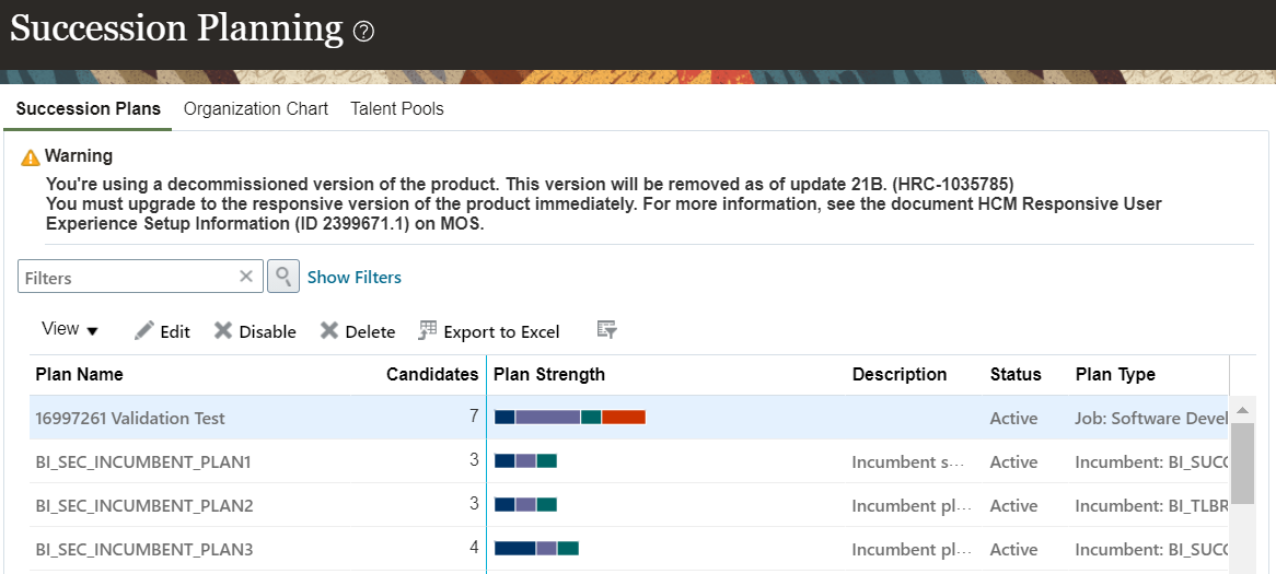 The image shows the Succession Planning page. The create icon isn't available.