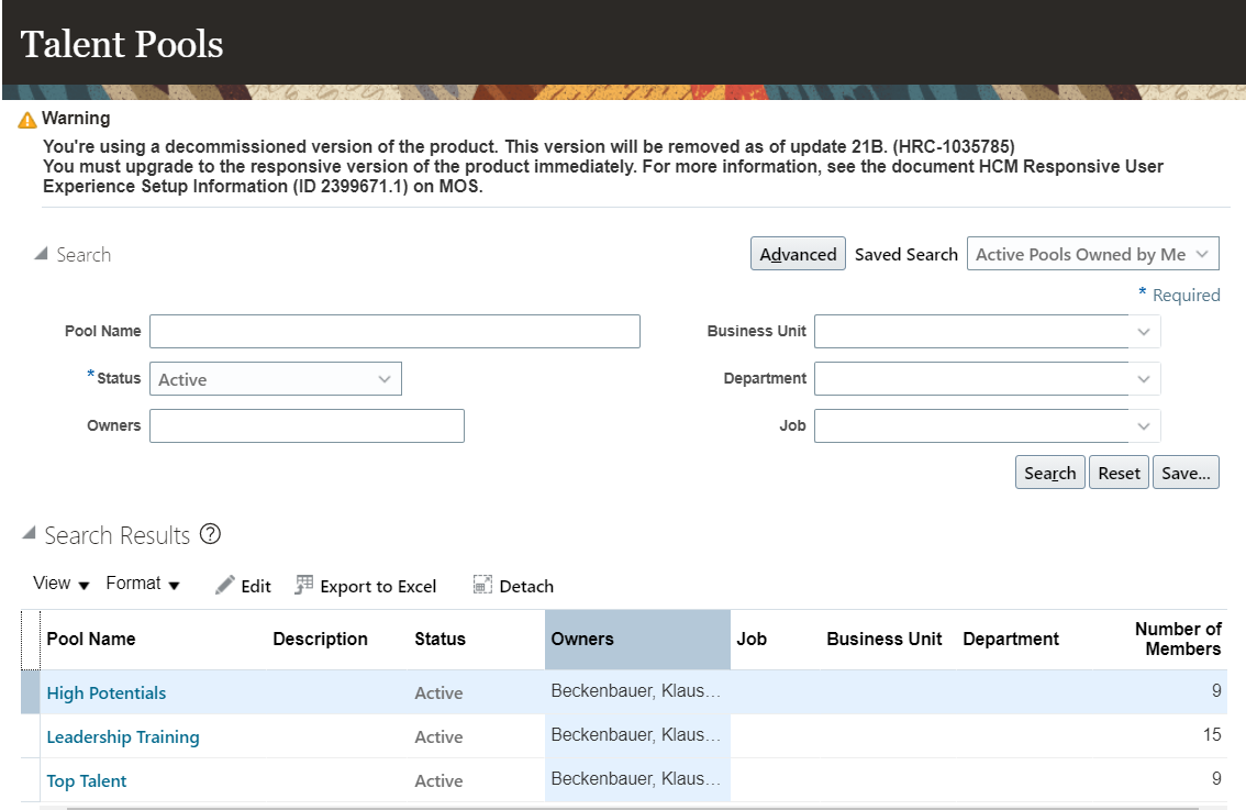 The image shows the Talent Pools tab. In the Search Results section, the create icon isn't available.