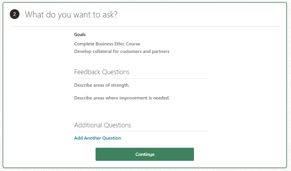The image shows the selected goals in the What do you want to ask section of the Request Feedback for Me page.
