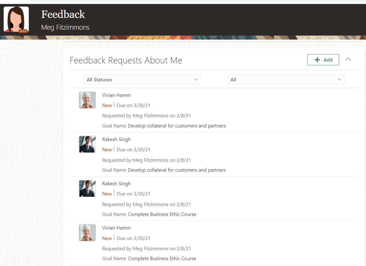 The image shows the Feedback Requests About Me section of the user's Feedback page. The newly added feedback requests have the New status.