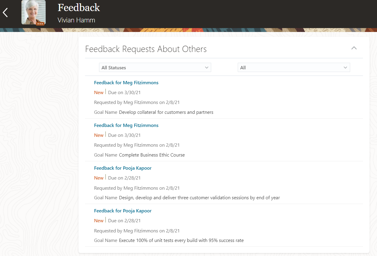 The image shows the Feedback Requests About Others Section of the users Feedback page.