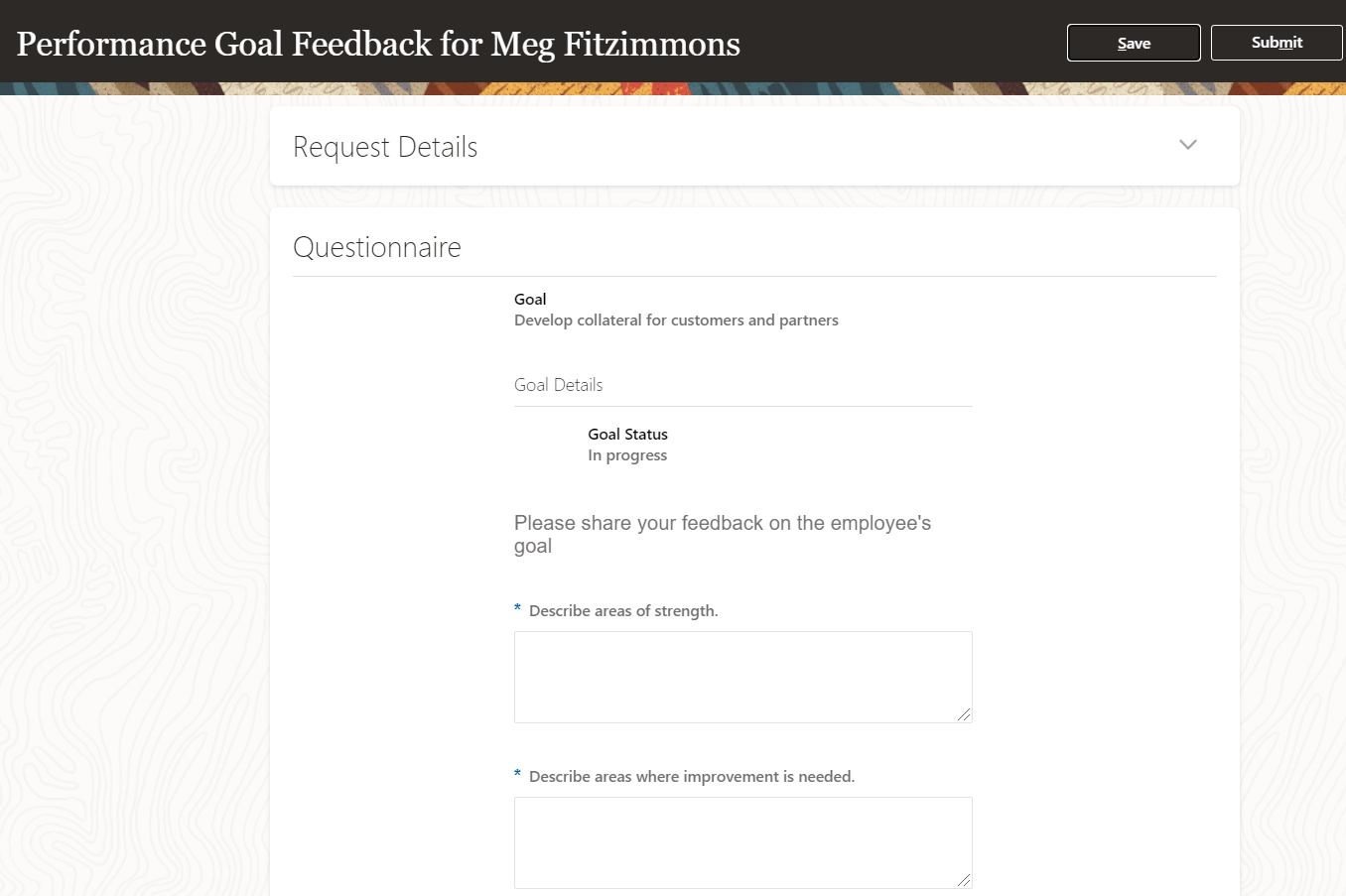 The image shows the Questionnaire section of the Performance Goal Feedback for Employee Page