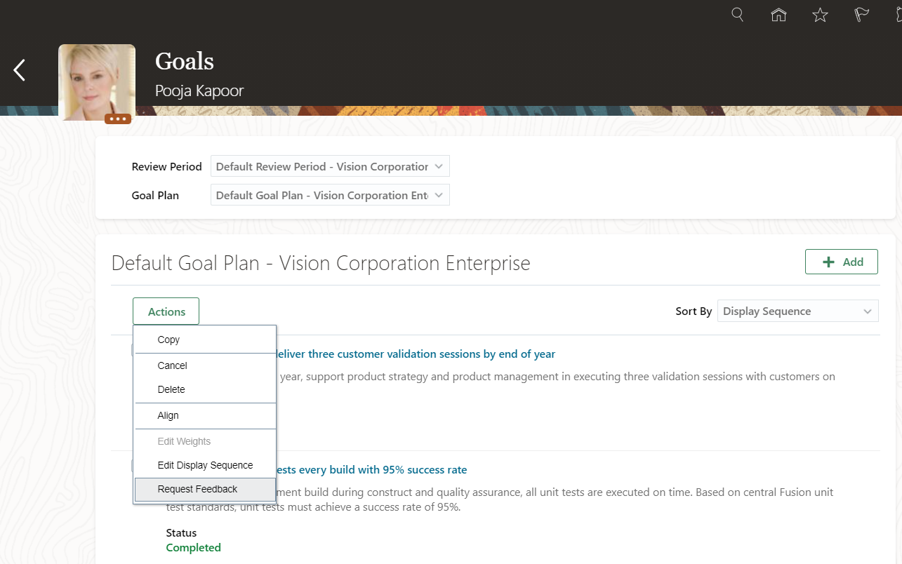 The image shows the Goals page of a team member. The Request Feedback action is selected.