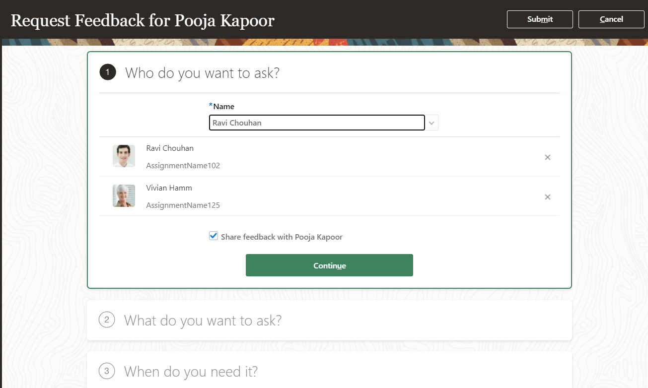 The image shows the Request Feedback for team member Page. The manager has selected the check box to share the feedback with the team member.