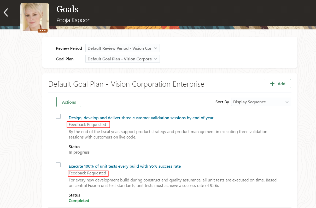The image shows the team member's Goals page. The goals for which feedback is requested have a label.