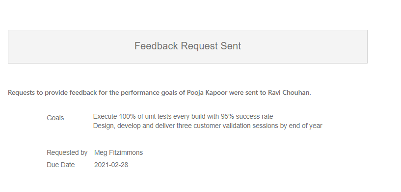 The image shows a Feedback Request Sent notification. 2 goals are listed.