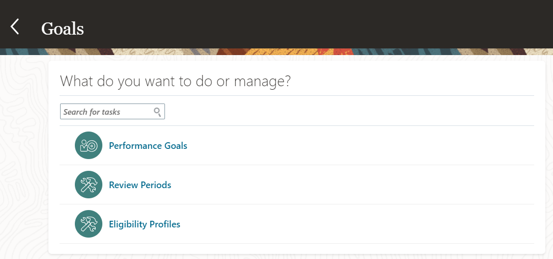 The Goals page shown in the image has three links: Performance Goals, Review Periods, and Eligibility Profiles.