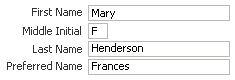 Editable name fields in a short US English form: first name, followed by middle initial, last name and preferred name.