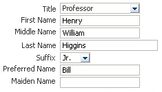 Editable name fields in a long US English form: title, followed by first name, middle name, last name, suffix, preferred name, and a text box for maidenname. 