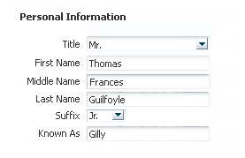 A sample of a form demonstrating various name fields and the formats in which they would be displayed. 