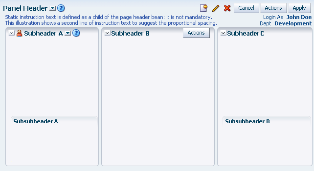 A page set up with multiple columns. There is a page header and some static instruction text, and three columns below it, with subheaders at the top of each column. Columns A and C feature subsubheaders.