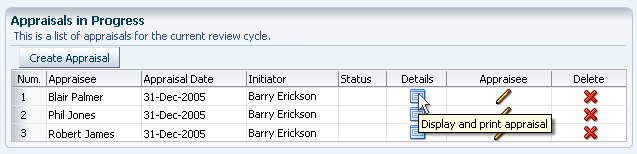 A table in which the cells in one column display iconic buttons; Description Text is displayed on hover over one iconic button.