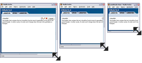 An example of a browser window in three different sizes, showing the resultant clipping that occurs automatically on resize. 