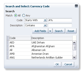 A Search and Select dialog with initial results set