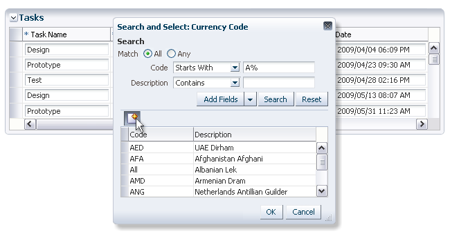 A Search and Select dialog with create button