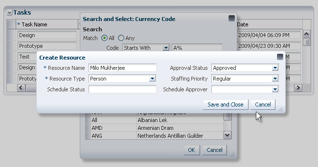 A 'Create Object' dialog launched from a search and select dialog